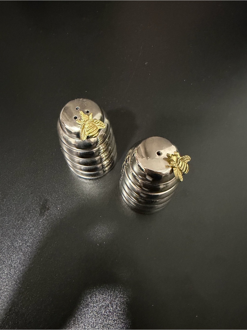 Silver Salt and Pepper Shakers with Gold Bee Accent